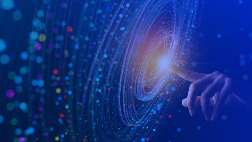 Futuristic hand touching glowing blue energy vortex with swirling light trails and quantum particle effects