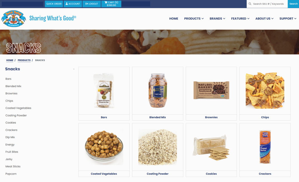 Screen shot of the Dutch Valley Foods snacks category page