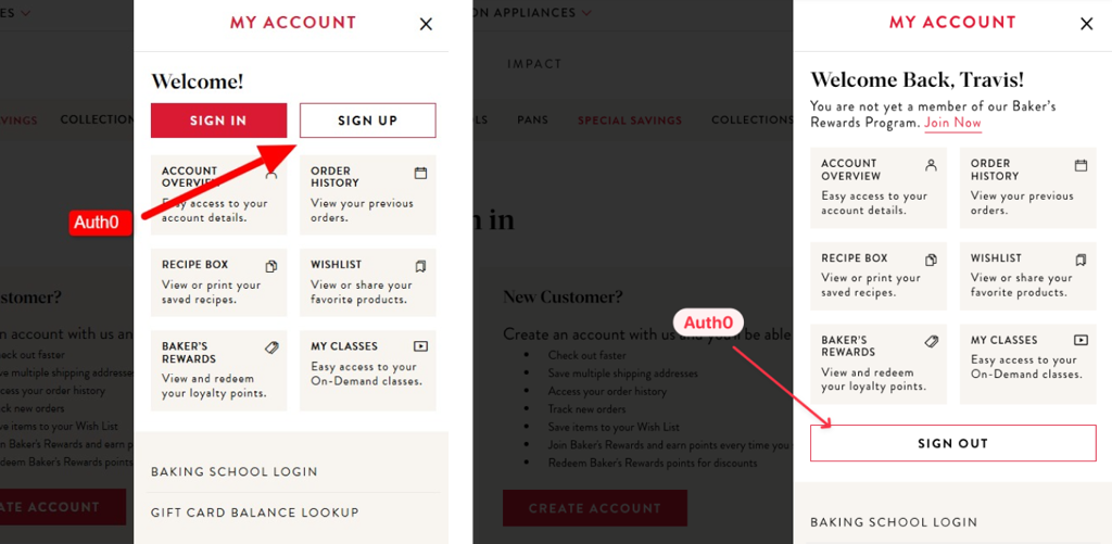Screen shot of the King Arthur Baking sign in options page.