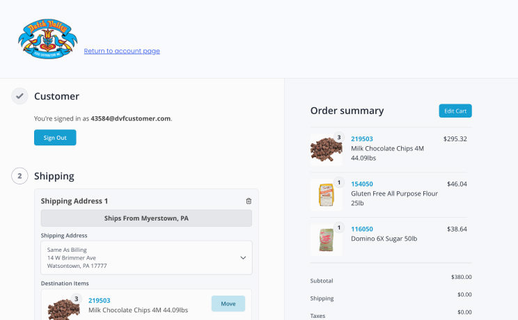 Dutch Valley Foods Checkout Screen Screen shot of the Dutch Valley Foods checkout screen