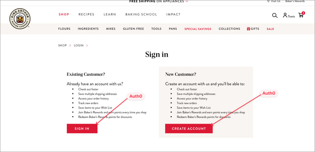 Screen shot of the King Arthur Baking customer sign in screen