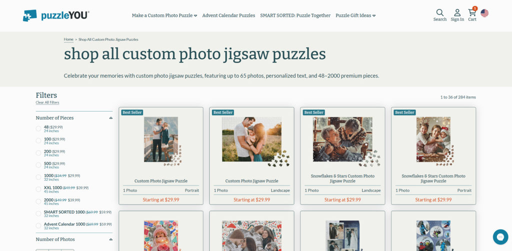 Screen shot of the product listing page on puzzleYOU