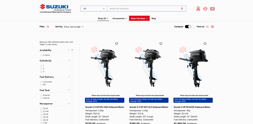 Screen shot of a product listing page on the Suzuki Outboard Team website