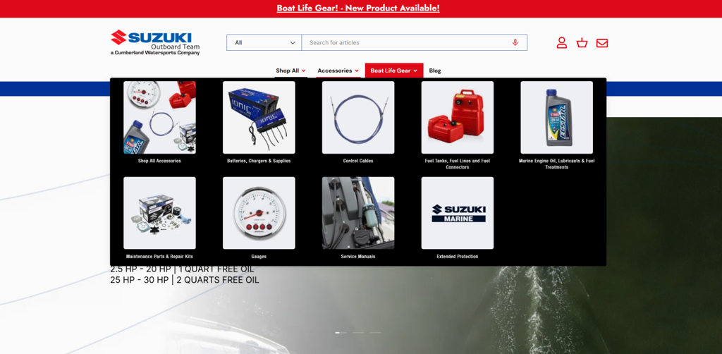 Screen shot of the Suzuki Outboard Team desktop mega menu