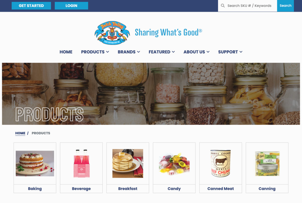 Screen shot of a product category page on the Dutch Valley Foods website