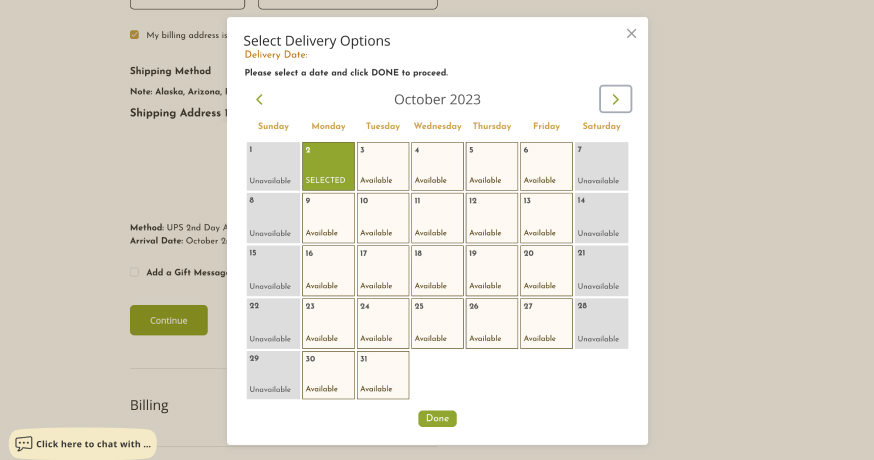 Lake Champlain Chocolates delivery options screen