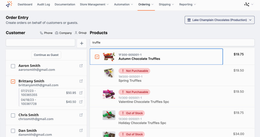 Lake Champlain Chocolates order history screen