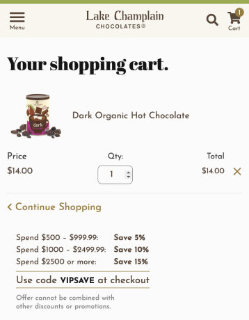 Lake Champlain Chocolates Shopping Cart Screen