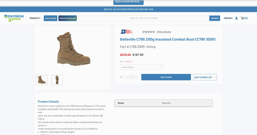 Screen shot of Envision Xpress product page featuring a military style boot for sale.