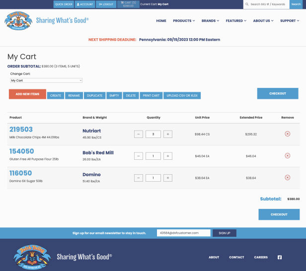 Dutch Valley Foods Cart page Screen shot of the Dutch Valley foods site showing a user shopping cart