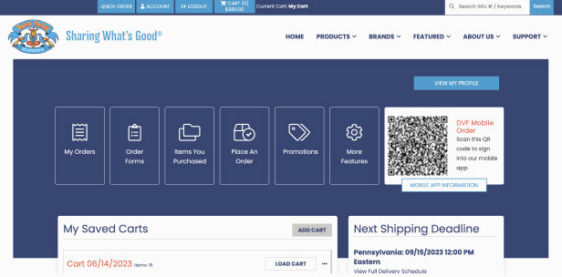 Dutch Valley Foods profile page Screen shot of the Dutch Valley Foods site showing a user account page