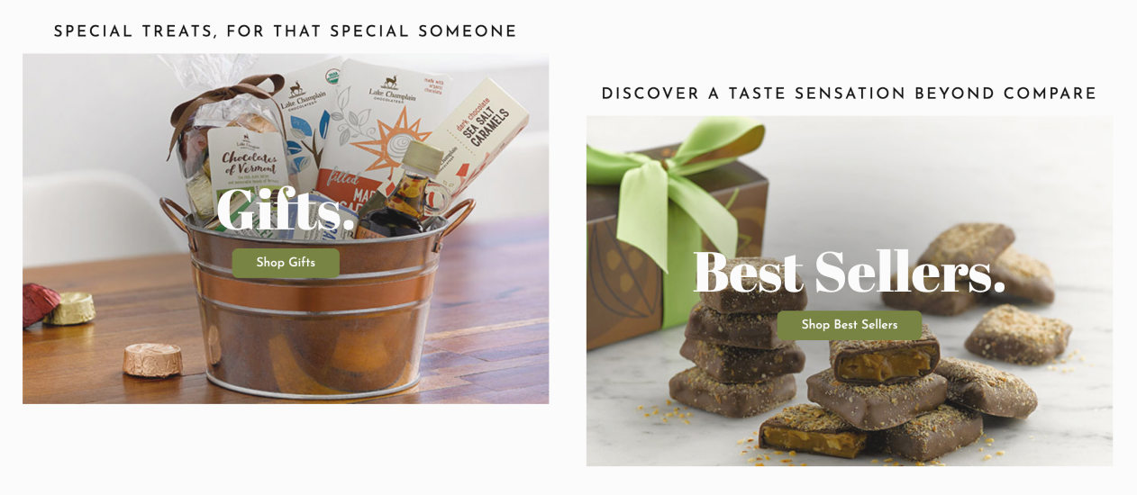Screen shot of Lake Champlain Chocolates Gifts and Best Sellers dual call to action row