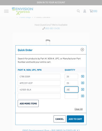 Screen shot of the Envision Xpress quick order screen for returning customers.